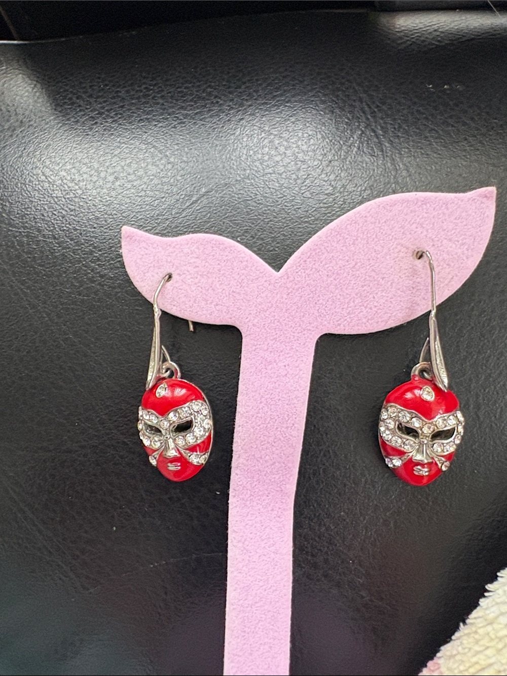 Vintage Sterling Mask Drop Earrings with Clear Crystal Accents and Red Enamel